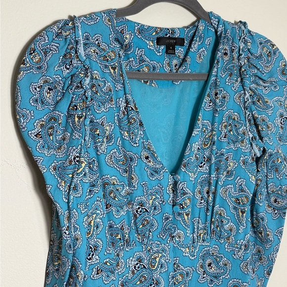 J. Crew Sky Blue Paisley V-Neck Long Sleeve Dress Puff Sleeve Button Front 4 - Picture 3 of 9